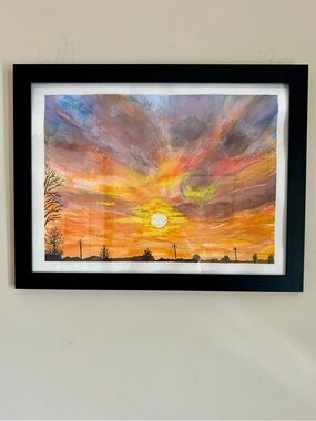 Original Watercolor Dramatic Sunset Landscape Framed Wall Art Vibrant Sky